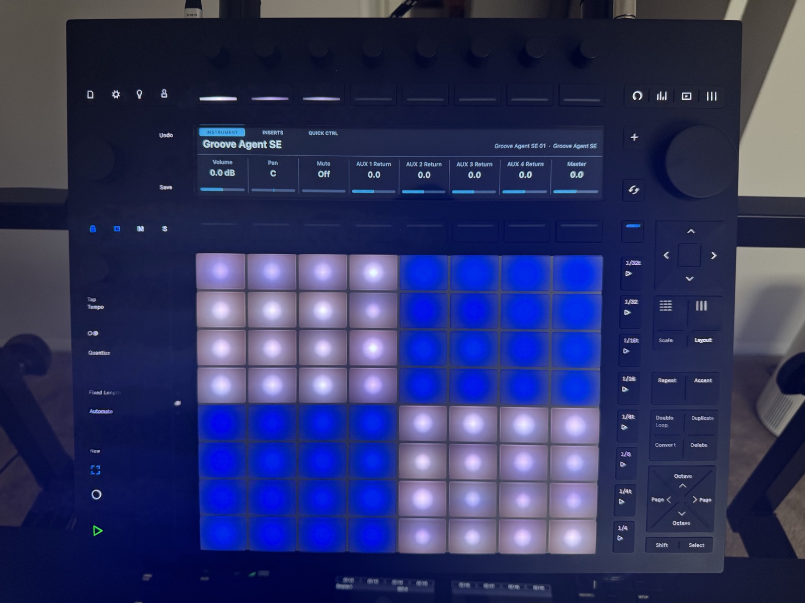 Push 3 display showing the RelayDock Device page for Groove Agent SE with Instrument, Inserts and Quick Control tabs