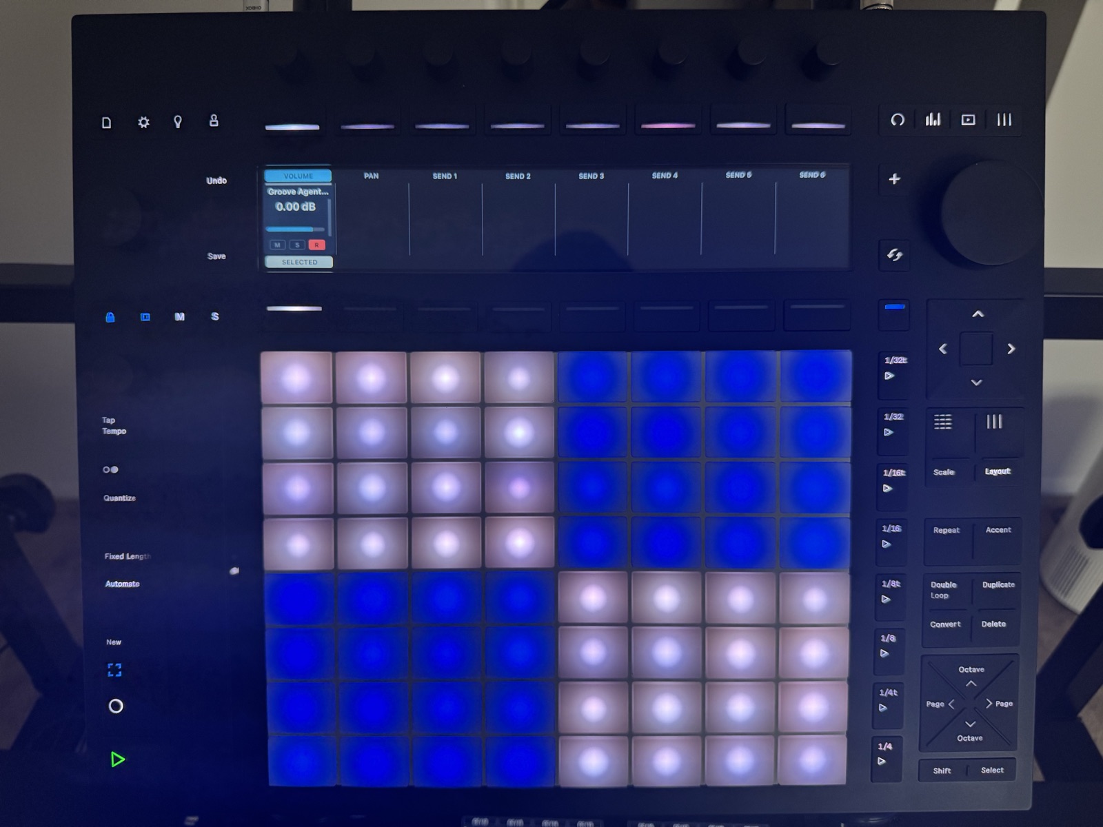 Push 3 display showing the RelayDock Mix page with Volume, Pan and Send 1 to 6 strips for a Cubase track