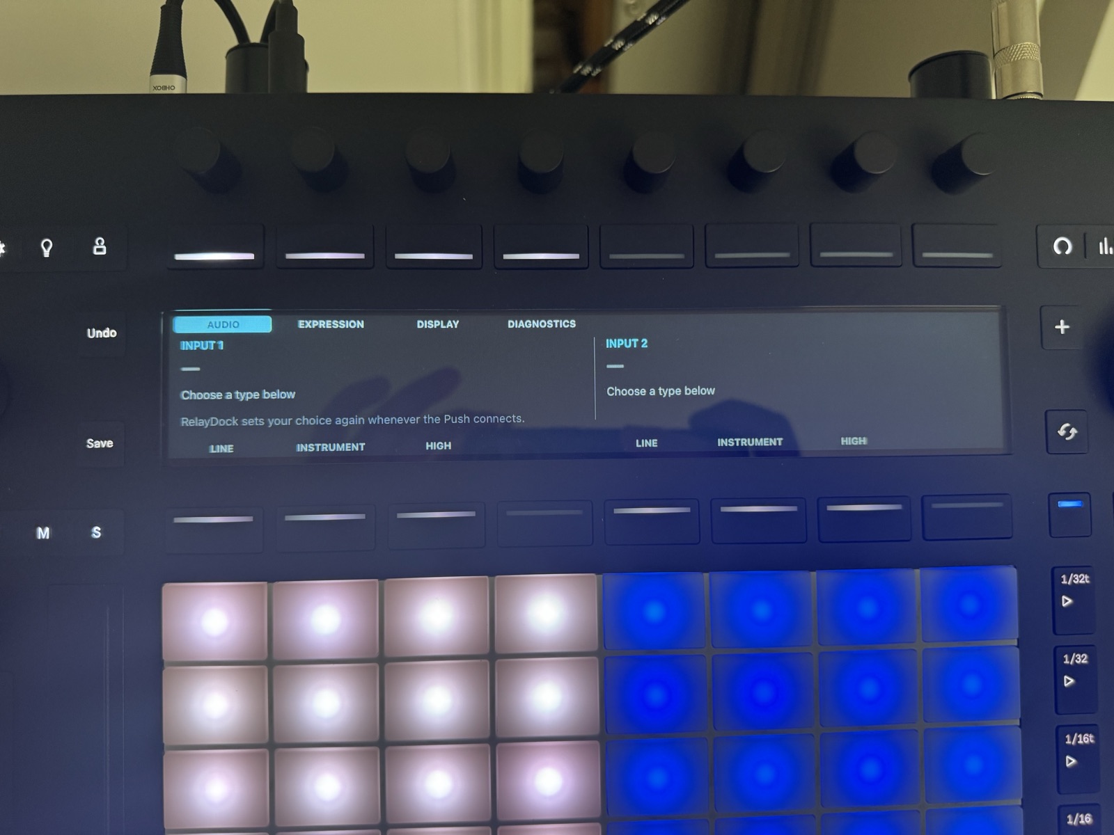 Push 3 display showing the RelayDock Setup page with Line, Instrument and High input types for the Push audio inputs