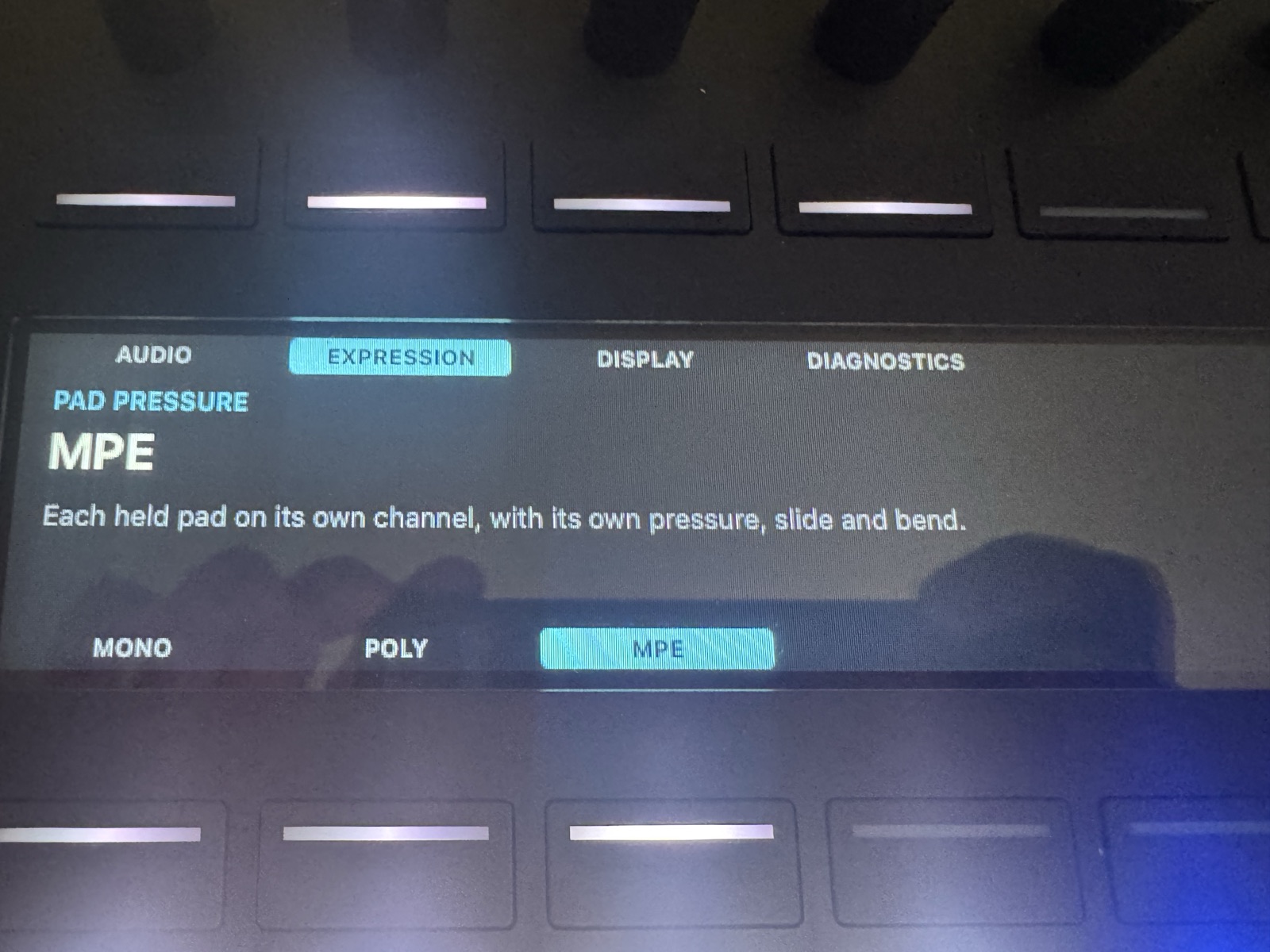 Push 3 display showing the RelayDock Setup page with Pad Pressure set to MPE